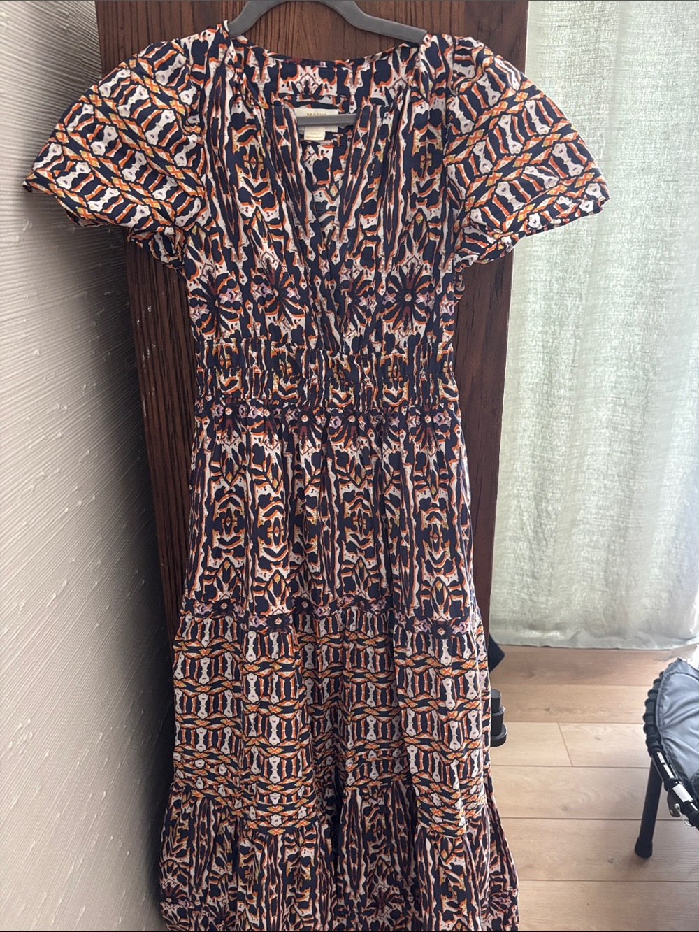 Iconic Anthro Somerset Printed Maxi Dress in Navy, Cream & Rust